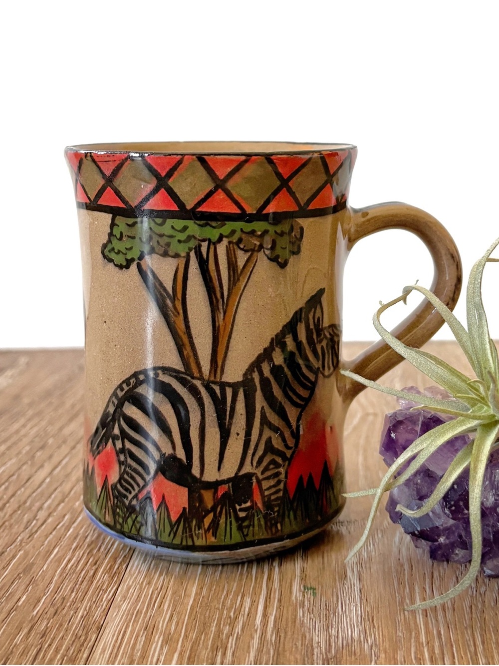Hand-Painted Zebra Ceramic Mug in Tan and Black, Signed J. Ncube
